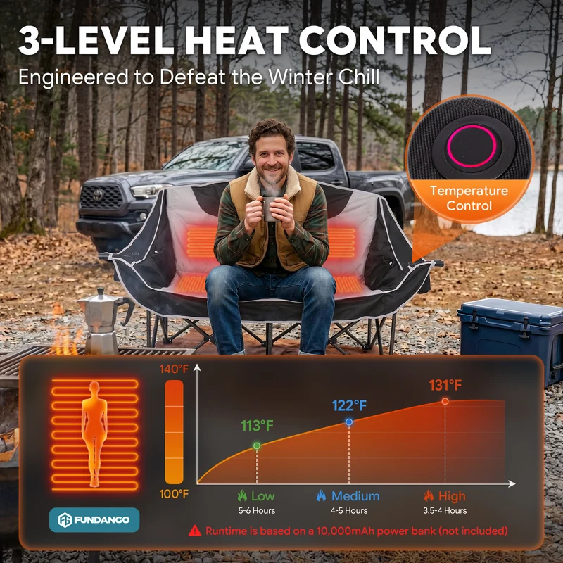 FUNDANGO Heated Double Camping Chair, 2-Person Loveseat with 4 Heating Zones, 3 Heat Settings, 880 lbs Capacity