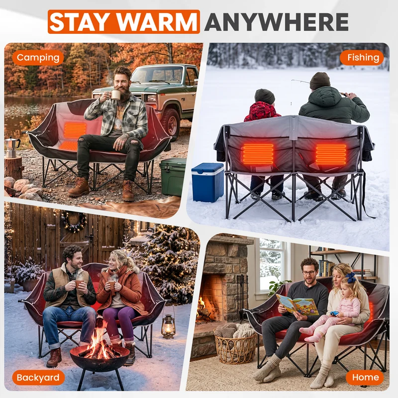 FUNDANGO Heated Double Camping Chair, 2-Person Loveseat with 4 Heating Zones, 3 Heat Settings, 880 lbs Capacity