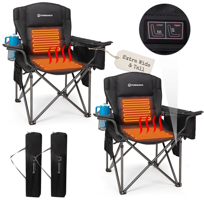 FUNDANGO Heated Camping Chair, Dual-Zone Heated Folding Armchair with 3 Heat Settings, Padded Seat & Back, 550 lbs Capacity