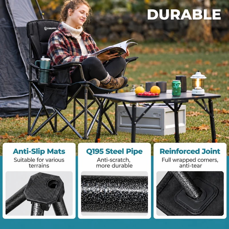 FUNDANGO Heated Camping Chair, Dual-Zone Heated Folding Armchair with 3 Heat Settings, Padded Seat & Back, 550 lbs Capacity