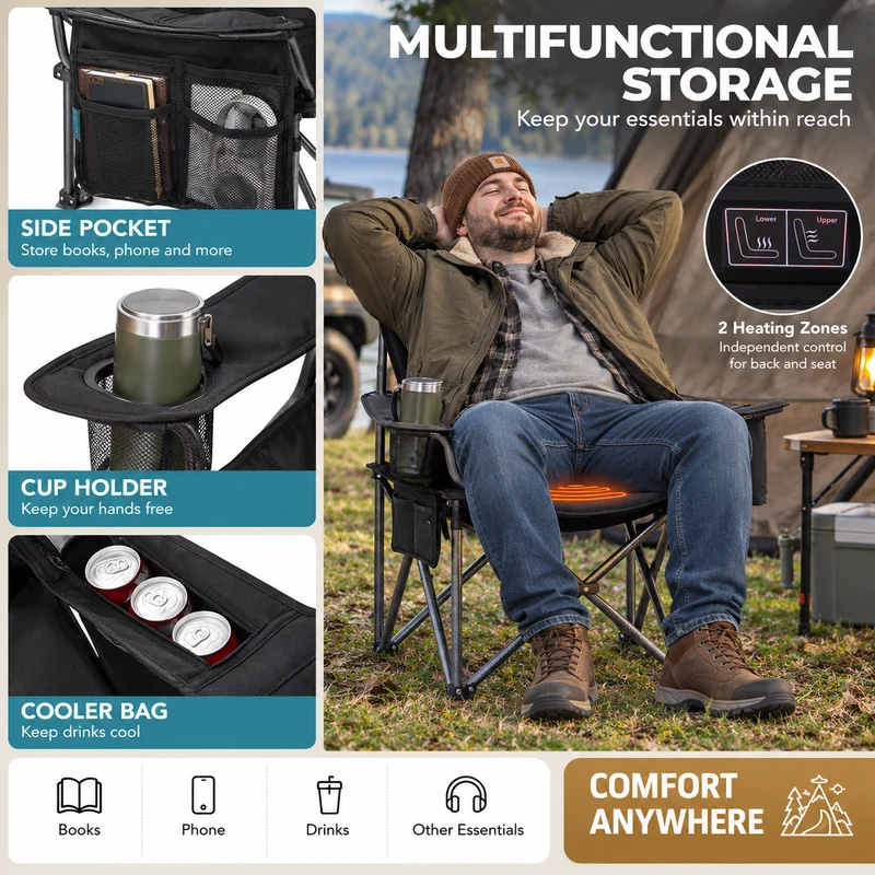 FUNDANGO Heated Camping Chair, Dual-Zone Heated Folding Armchair with 3 Heat Settings, Padded Seat & Back, 550 lbs Capacity