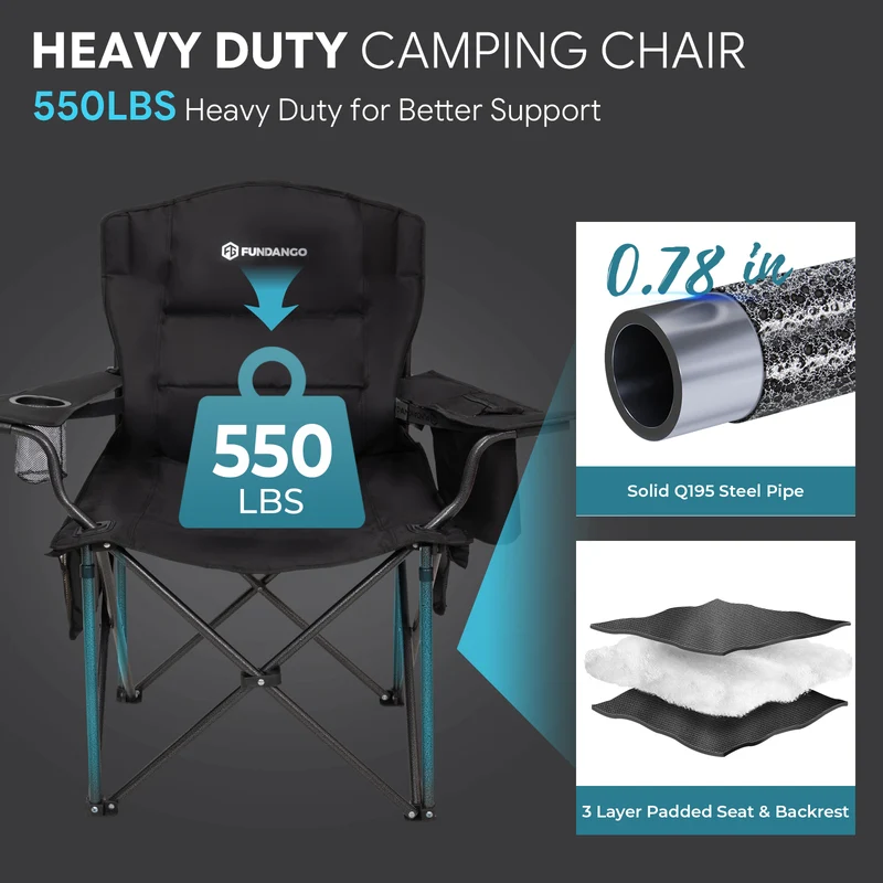 FUNDANGO Heated Camping Chair, Dual-Zone Heated Folding Armchair with 3 Heat Settings, Padded Seat & Back, 550 lbs Capacity