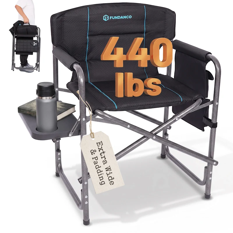 FUNDANGO Oversized Director Chair with Side Table, Padded Folding Camping Chair with Storage Pocket, 440 lbs Capacity