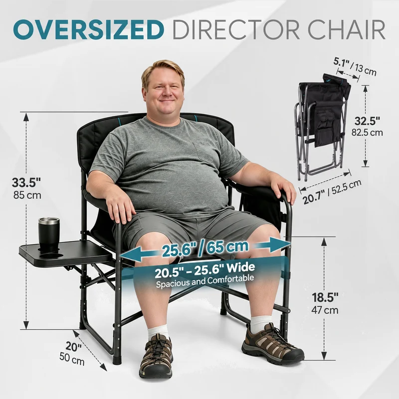 FUNDANGO Oversized Director Chair with Side Table, Padded Folding Camping Chair with Storage Pocket, 440 lbs Capacity