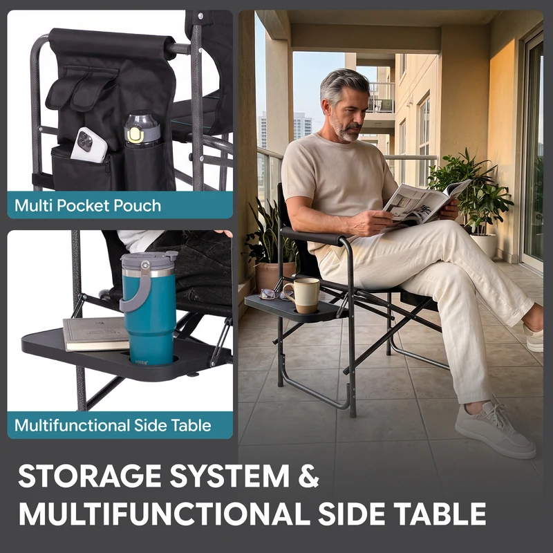 FUNDANGO Oversized Director Chair with Side Table, Padded Folding Camping Chair with Storage Pocket, 440 lbs Capacity