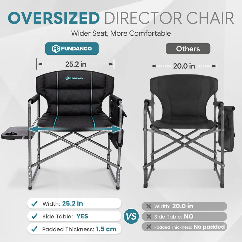 FUNDANGO Oversized Director Chair with Side Table, Padded Folding Camping Chair with Storage Pocket, 440 lbs Capacity