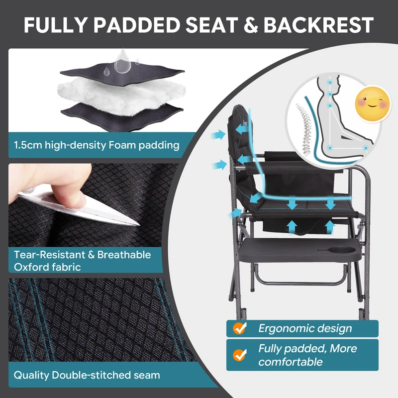 FUNDANGO Oversized Director Chair with Side Table, Padded Folding Camping Chair with Storage Pocket, 440 lbs Capacity