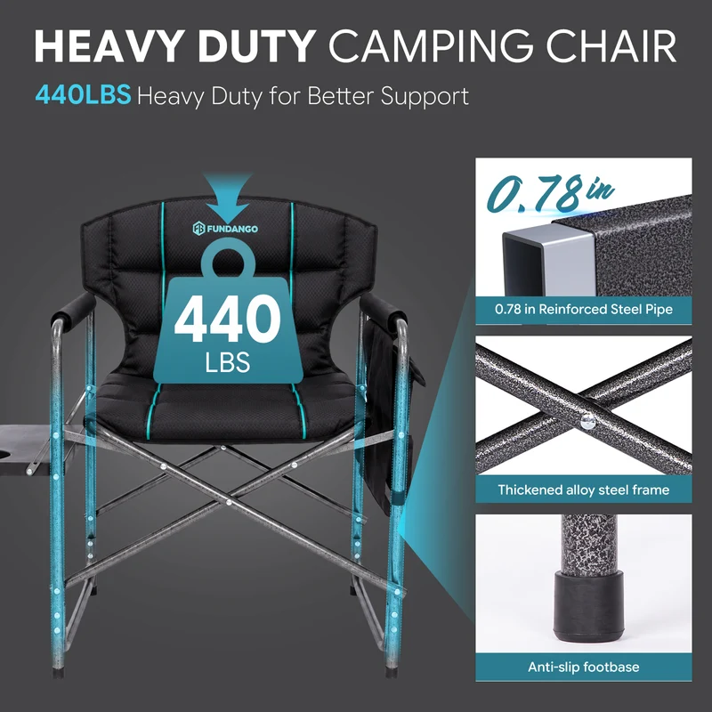 FUNDANGO Oversized Director Chair with Side Table, Padded Folding Camping Chair with Storage Pocket, 440 lbs Capacity