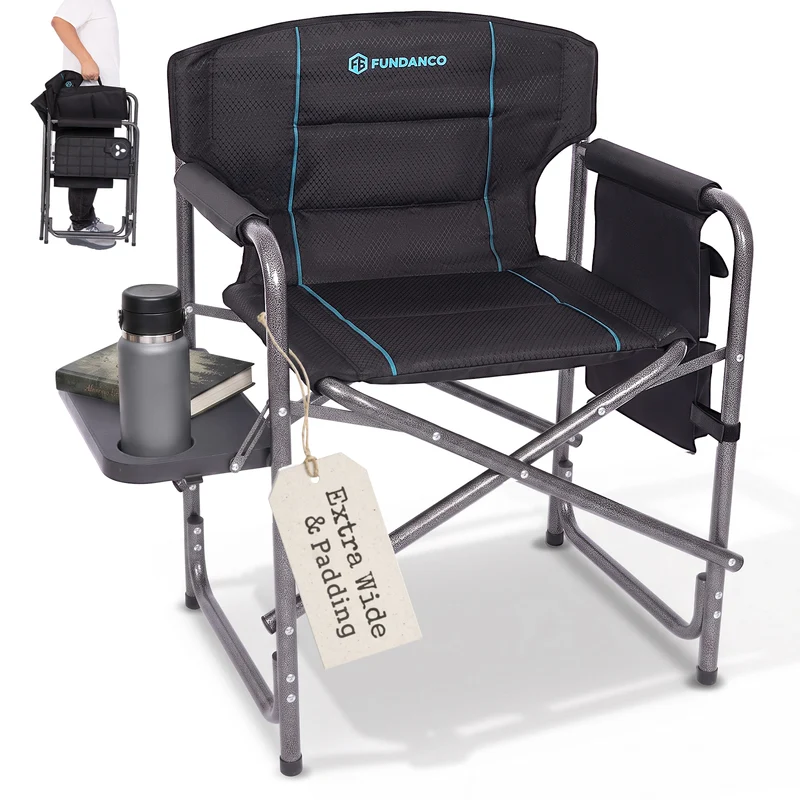 FUNDANGO Oversized Director Chair with Side Table, Padded Folding Camping Chair with Storage Pocket, 440 lbs Capacity
