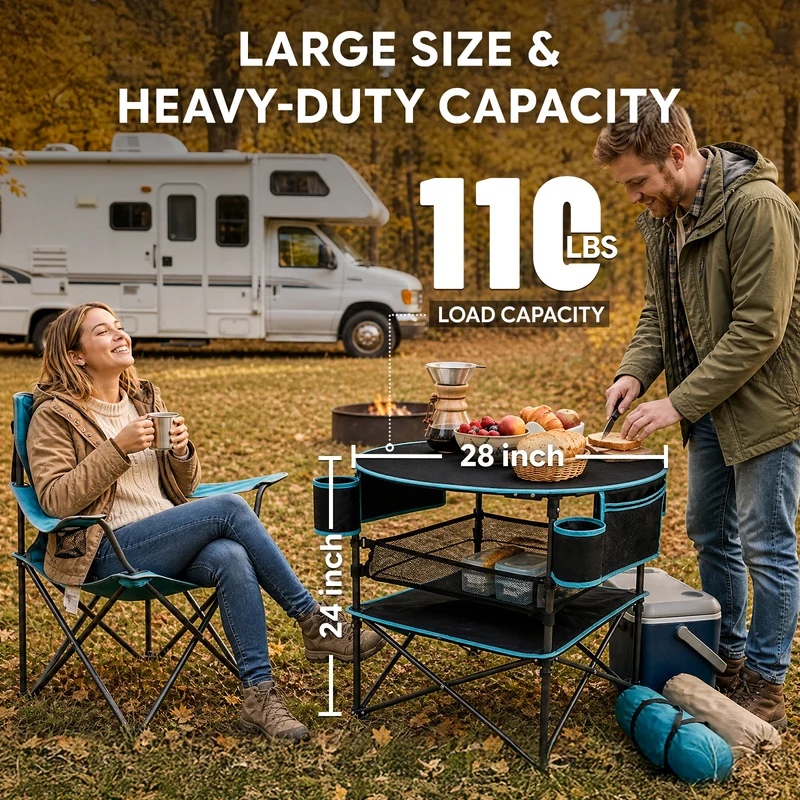 FUNDANGO EasyCamp D70 Folding Camping Table, Portable Outdoor Table with 4 Cup Holders, Storage Pockets & Lower Mesh Shelf