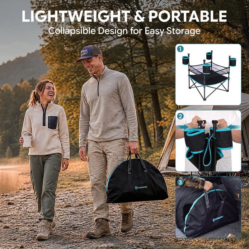 FUNDANGO EasyCamp D70 Folding Camping Table, Portable Outdoor Table with 4 Cup Holders, Storage Pockets & Lower Mesh Shelf