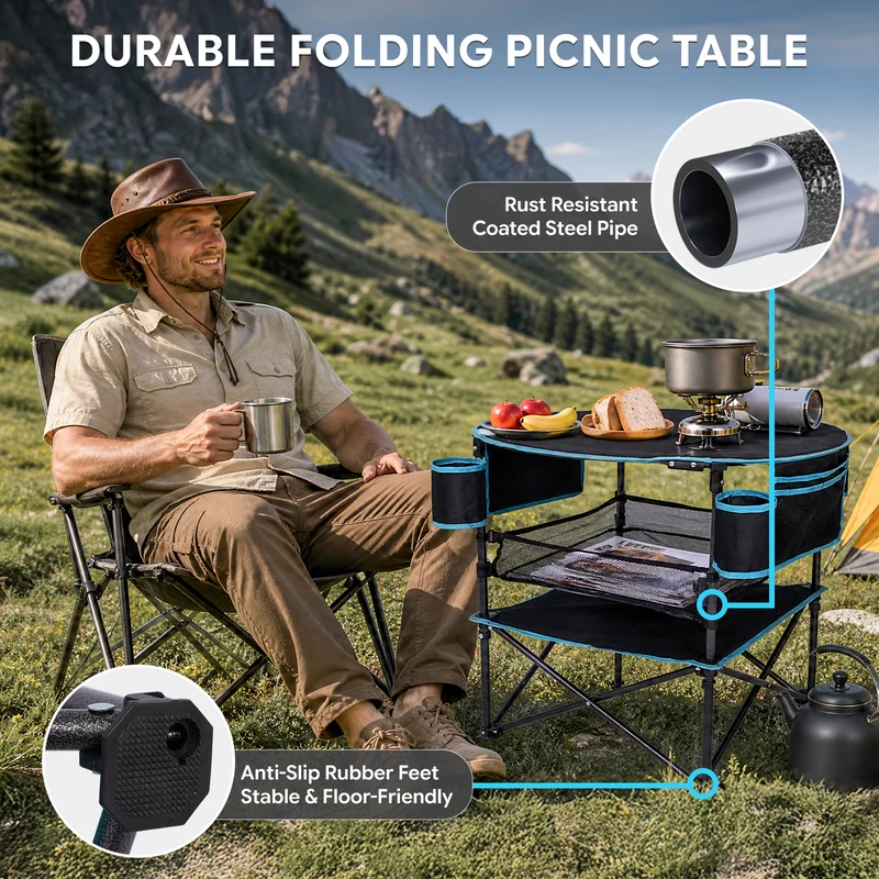 FUNDANGO EasyCamp D70 Folding Camping Table, Portable Outdoor Table with 4 Cup Holders, Storage Pockets & Lower Mesh Shelf