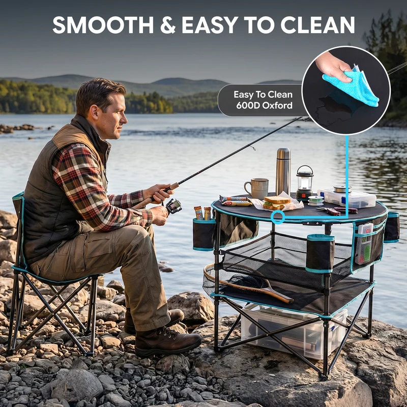 FUNDANGO EasyCamp D70 Folding Camping Table, Portable Outdoor Table with 4 Cup Holders, Storage Pockets & Lower Mesh Shelf