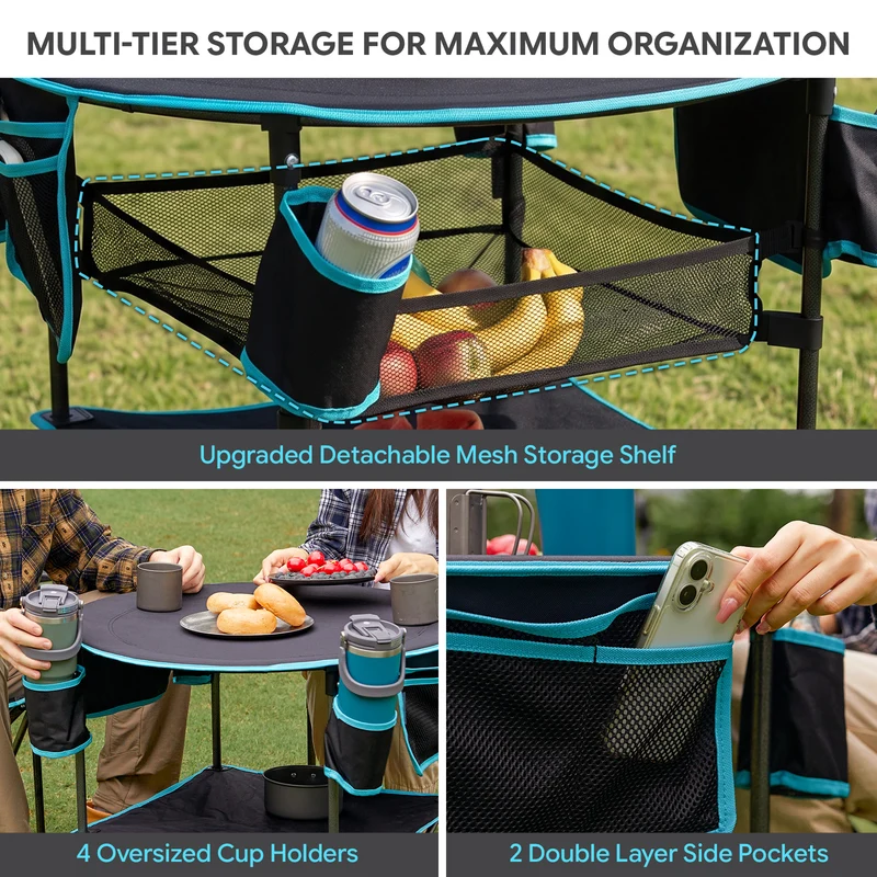 FUNDANGO EasyCamp D70 Folding Camping Table, Portable Outdoor Table with 4 Cup Holders, Storage Pockets & Lower Mesh Shelf
