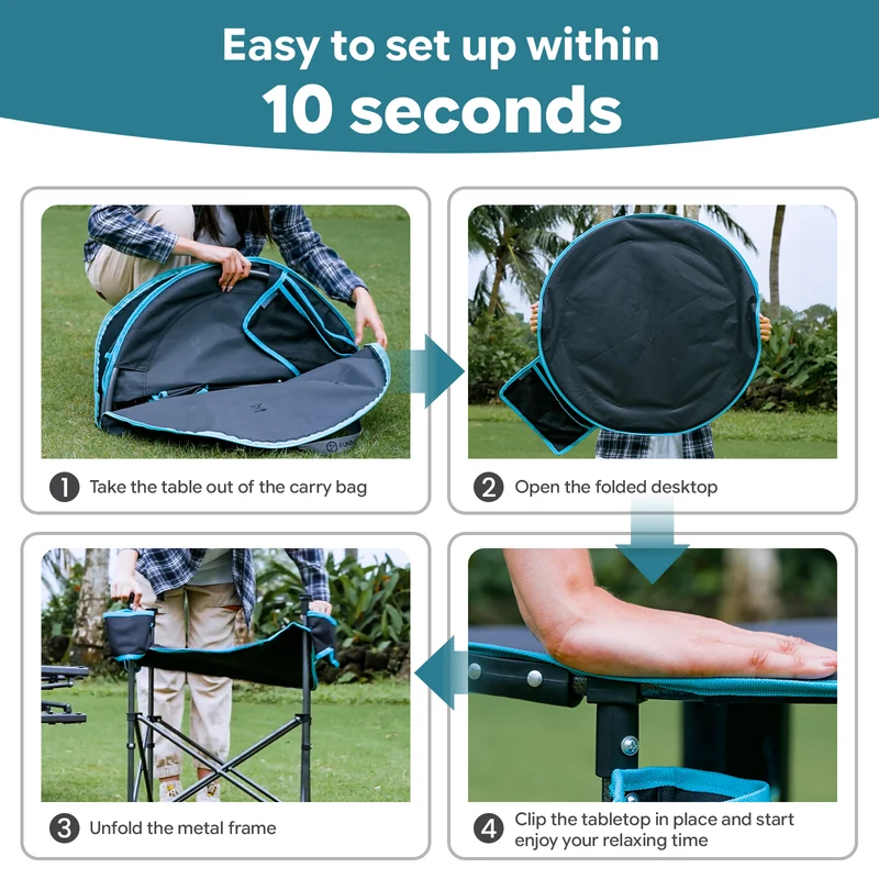 FUNDANGO EasyCamp D70 Folding Camping Table, Portable Outdoor Table with 4 Cup Holders, Storage Pockets & Lower Mesh Shelf