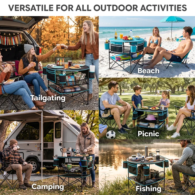 FUNDANGO EasyCamp D70 Folding Camping Table, Portable Outdoor Table with 4 Cup Holders, Storage Pockets & Lower Mesh Shelf