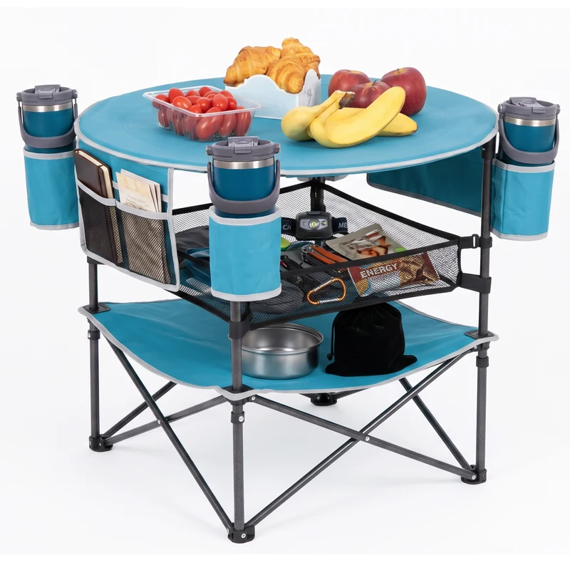 FUNDANGO EasyCamp D70 Folding Camping Table, Portable Outdoor Table with 4 Cup Holders, Storage Pockets & Lower Mesh Shelf