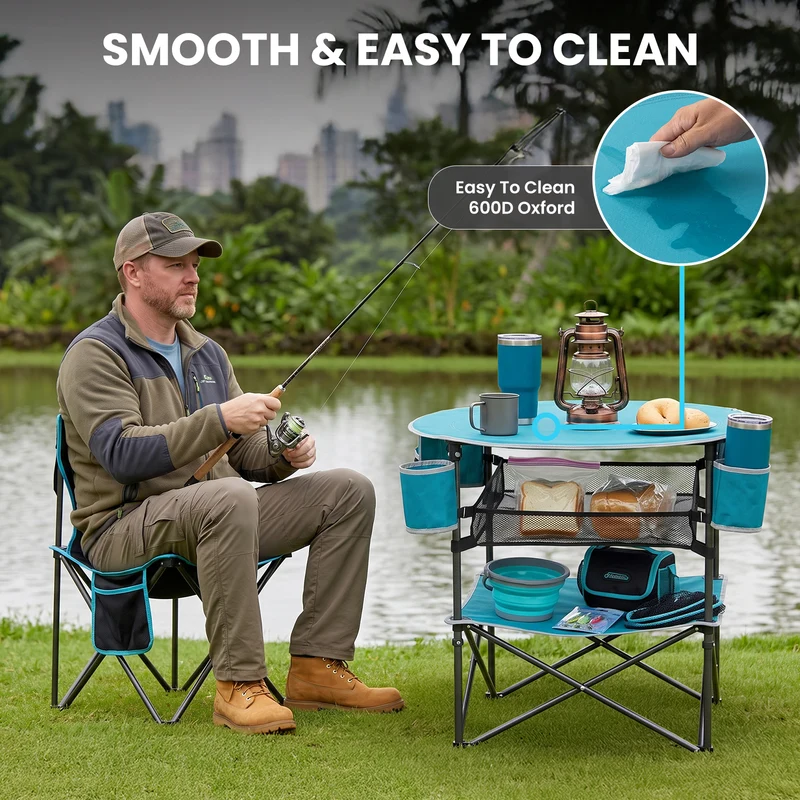 FUNDANGO EasyCamp D70 Folding Camping Table, Portable Outdoor Table with 4 Cup Holders, Storage Pockets & Lower Mesh Shelf