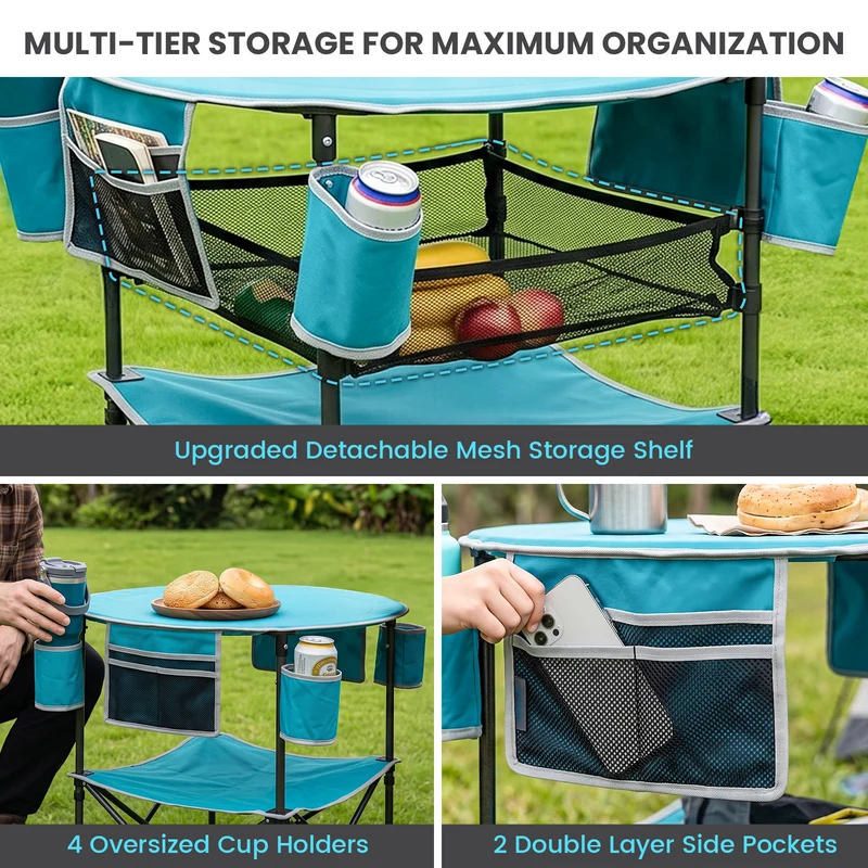 FUNDANGO EasyCamp D70 Folding Camping Table, Portable Outdoor Table with 4 Cup Holders, Storage Pockets & Lower Mesh Shelf