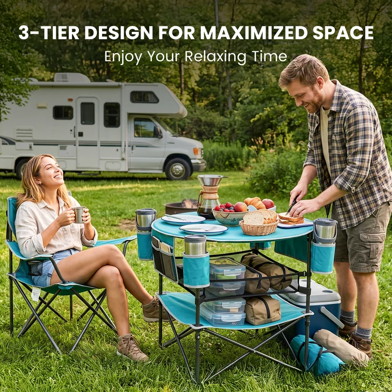 FUNDANGO EasyCamp D70 Folding Camping Table, Portable Outdoor Table with 4 Cup Holders, Storage Pockets & Lower Mesh Shelf