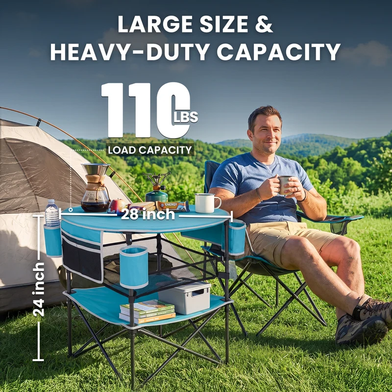FUNDANGO EasyCamp D70 Folding Camping Table, Portable Outdoor Table with 4 Cup Holders, Storage Pockets & Lower Mesh Shelf