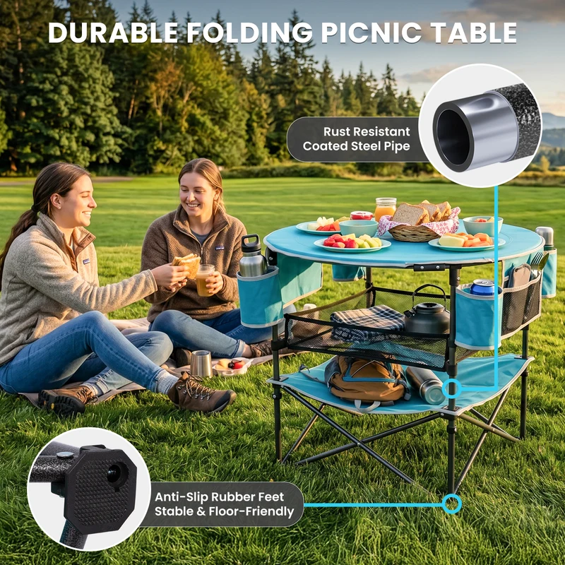 FUNDANGO EasyCamp D70 Folding Camping Table, Portable Outdoor Table with 4 Cup Holders, Storage Pockets & Lower Mesh Shelf