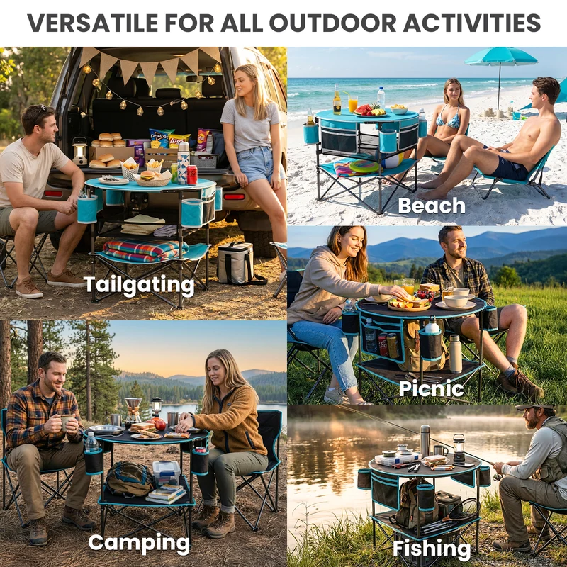 FUNDANGO EasyCamp D70 Folding Camping Table, Portable Outdoor Table with 4 Cup Holders, Storage Pockets & Lower Mesh Shelf