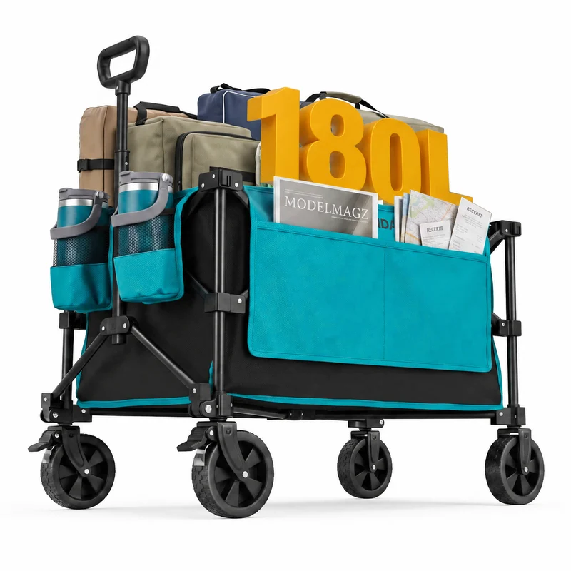 FUNDANGO Basic Folding Wagon, Compact Collapsible Utility Cart with 5" Removable Wheels, Brakes & 276 lbs Cargo Capacity
