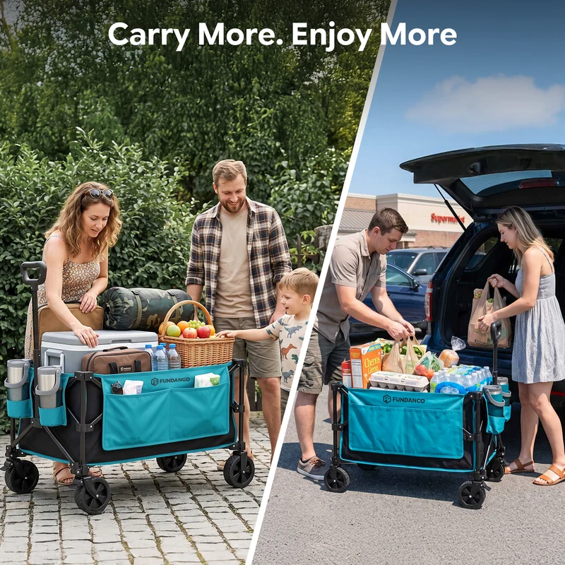 FUNDANGO Basic Folding Wagon, Compact Collapsible Utility Cart with 5" Removable Wheels, Brakes & 276 lbs Cargo Capacity