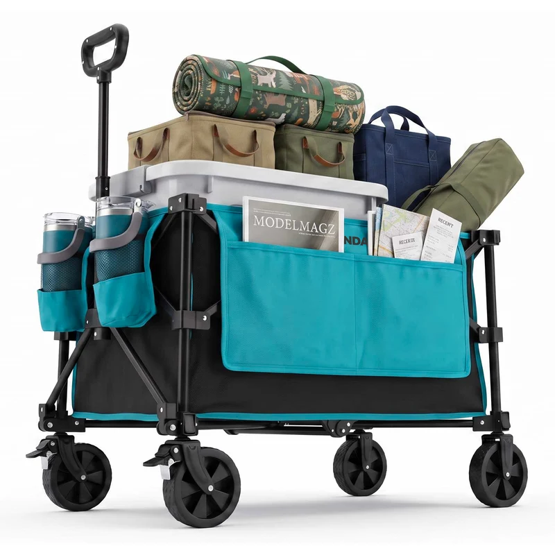 FUNDANGO Basic Folding Wagon, Compact Collapsible Utility Cart with 5" Removable Wheels, Brakes & 276 lbs Cargo Capacity
