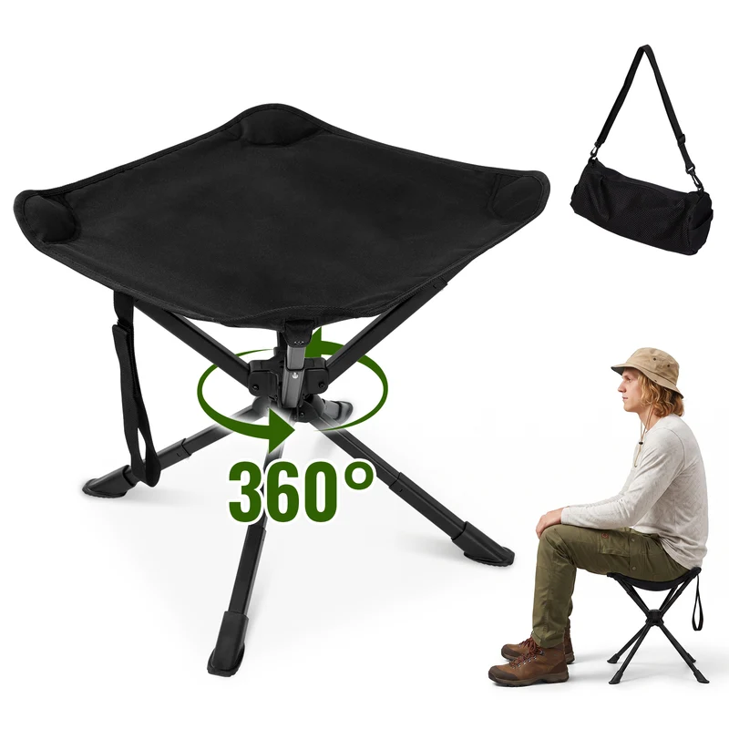 KingCamp Lightweight Swivel Camping Stool, 360° Rotating Folding Seat, 3 Adjustable Heights, 330 lbs Capacity & Carry Bag