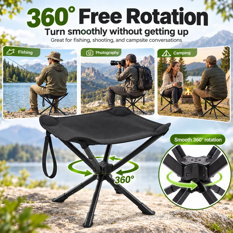 KingCamp Lightweight Swivel Camping Stool, 360° Rotating Folding Seat, 3 Adjustable Heights, 330 lbs Capacity & Carry Bag