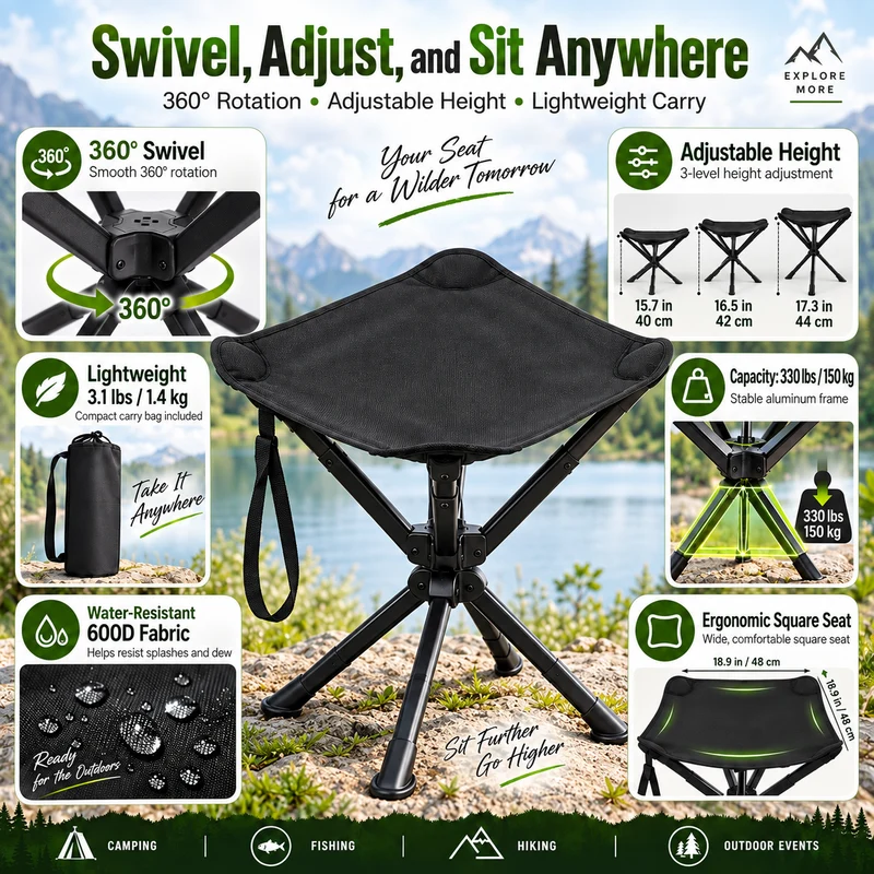 KingCamp Lightweight Swivel Camping Stool, 360° Rotating Folding Seat, 3 Adjustable Heights, 330 lbs Capacity & Carry Bag