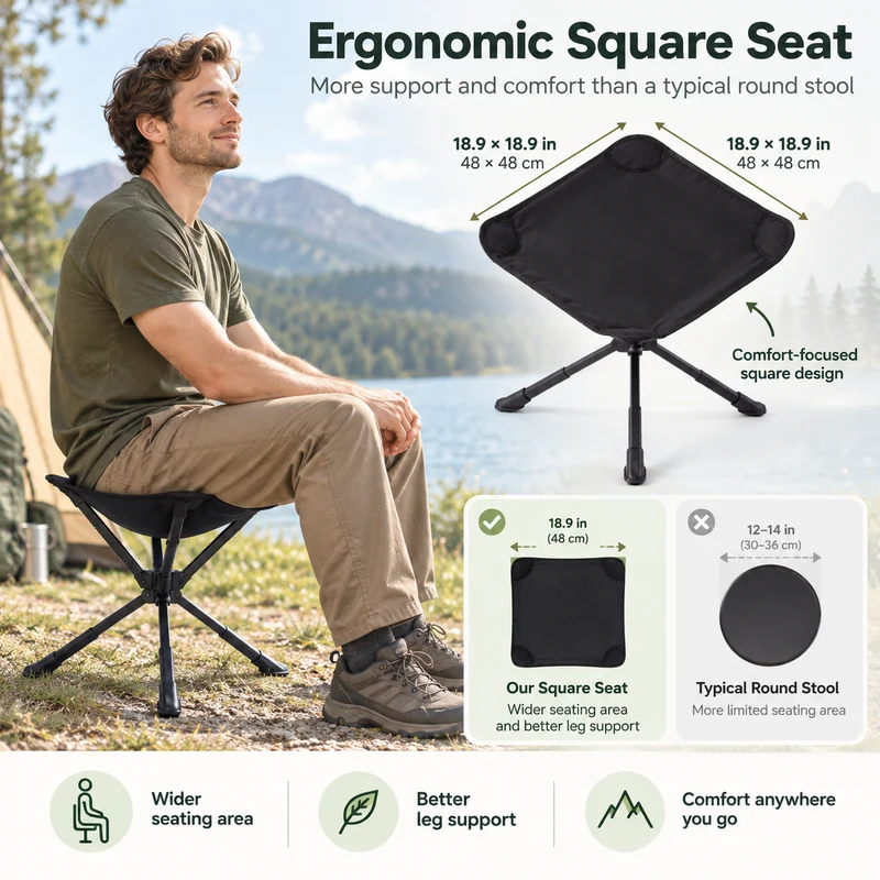 KingCamp Lightweight Swivel Camping Stool, 360° Rotating Folding Seat, 3 Adjustable Heights, 330 lbs Capacity & Carry Bag