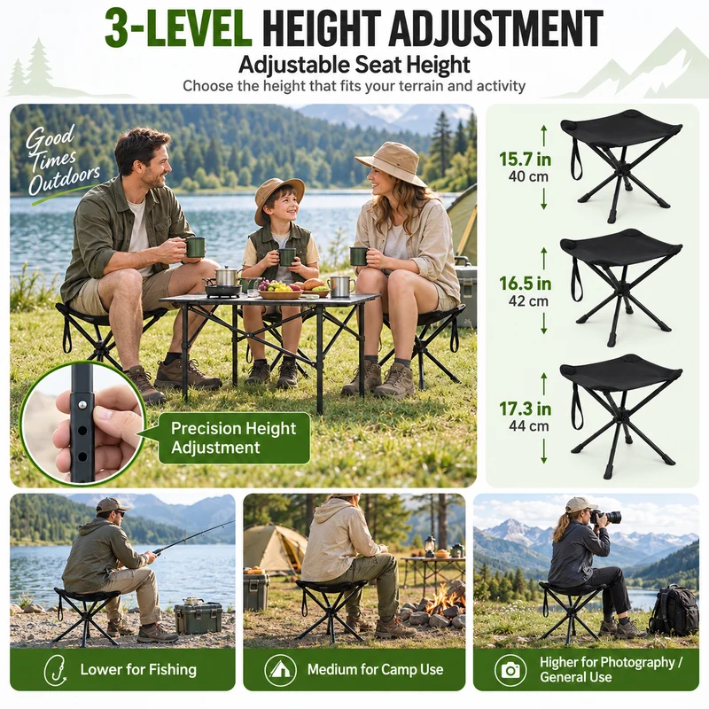 KingCamp Lightweight Swivel Camping Stool, 360° Rotating Folding Seat, 3 Adjustable Heights, 330 lbs Capacity & Carry Bag