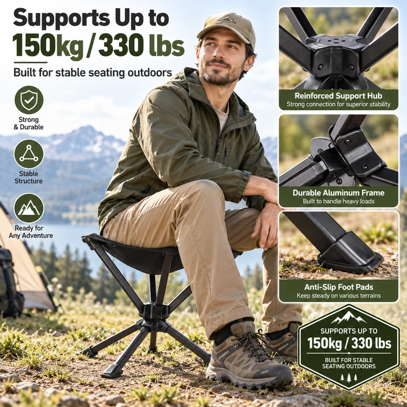 KingCamp Lightweight Swivel Camping Stool, 360° Rotating Folding Seat, 3 Adjustable Heights, 330 lbs Capacity & Carry Bag