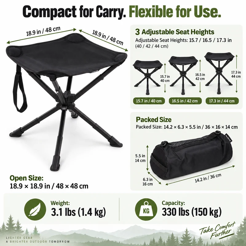 KingCamp Lightweight Swivel Camping Stool, 360° Rotating Folding Seat, 3 Adjustable Heights, 330 lbs Capacity & Carry Bag
