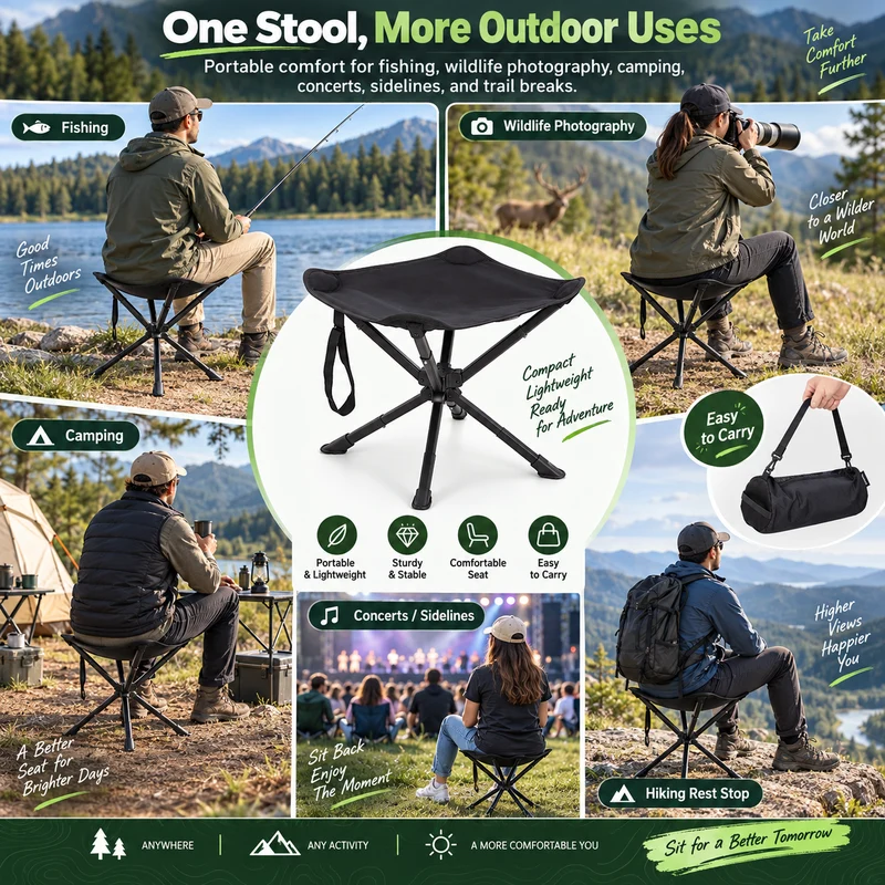 KingCamp Lightweight Swivel Camping Stool, 360° Rotating Folding Seat, 3 Adjustable Heights, 330 lbs Capacity & Carry Bag