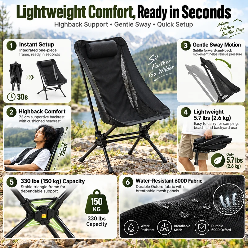 KingCamp Lightweight High Back Camping Chair with Gentle Sway, Quick-Fold Aluminum Chair, 330 lbs Capacity, 39.8" Tall Backrest with Carry Bag