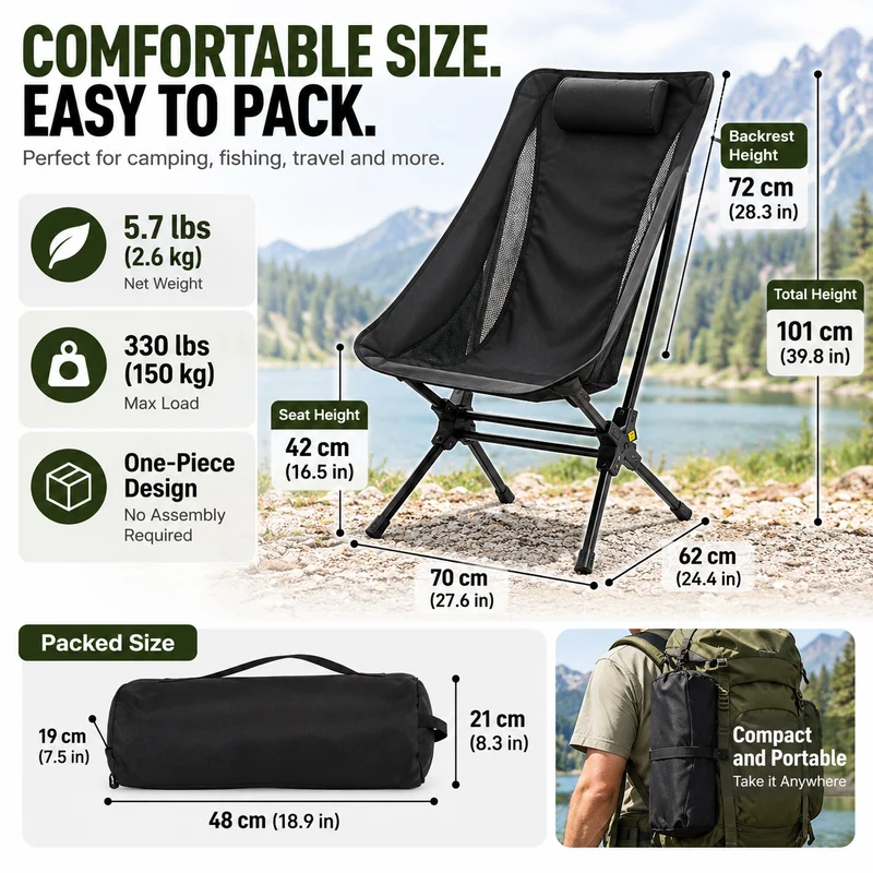 KingCamp Lightweight High Back Camping Chair with Gentle Sway, Quick-Fold Aluminum Chair, 330 lbs Capacity, 39.8" Tall Backrest with Carry Bag