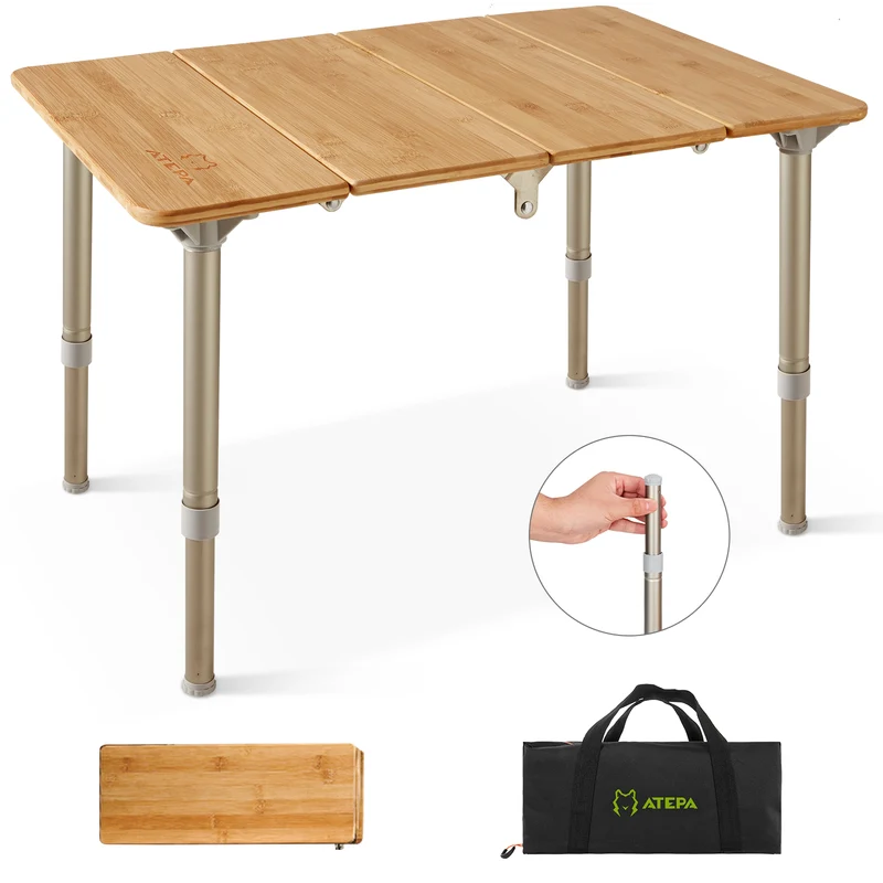 ATEPA BAMBOO 6040 Adjustable Height Bamboo Camping Table, Portable Folding Low Table with Aluminum Legs, 66 lbs Capacity & Carry Bag