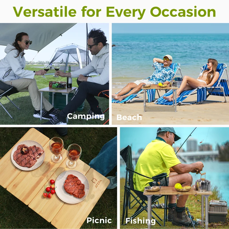 ATEPA BAMBOO 6040 Adjustable Height Bamboo Camping Table, Portable Folding Low Table with Aluminum Legs, 66 lbs Capacity & Carry Bag