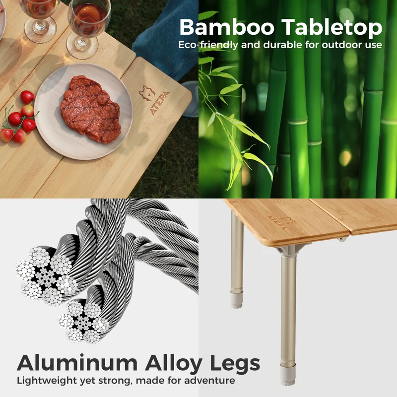 ATEPA BAMBOO 6040 Adjustable Height Bamboo Camping Table, Portable Folding Low Table with Aluminum Legs, 66 lbs Capacity & Carry Bag