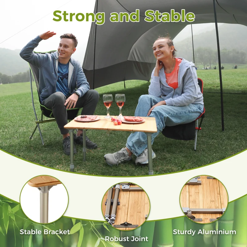 ATEPA BAMBOO 6040 Adjustable Height Bamboo Camping Table, Portable Folding Low Table with Aluminum Legs, 66 lbs Capacity & Carry Bag