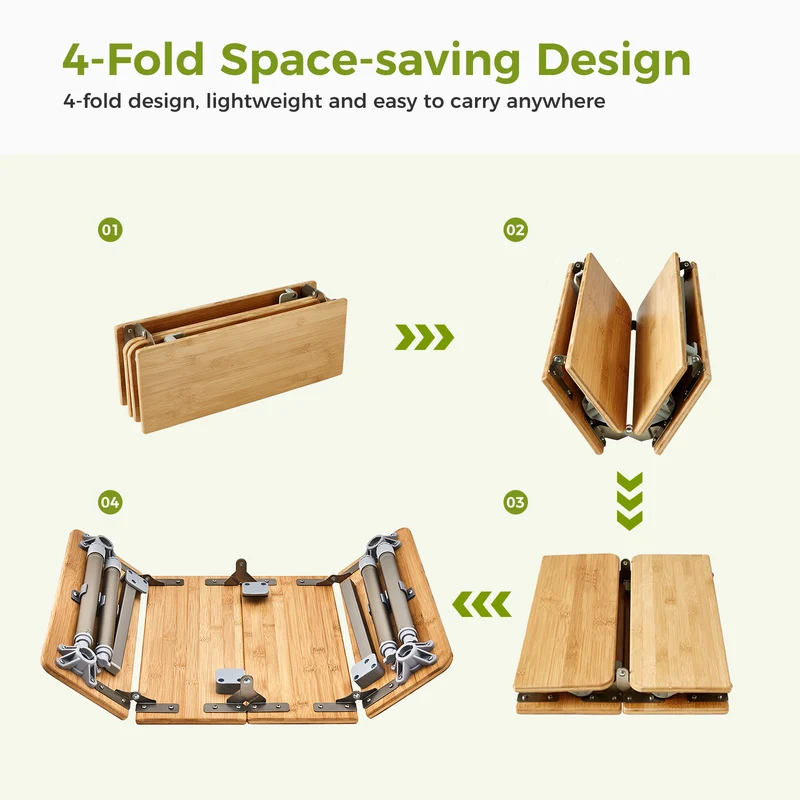 ATEPA BAMBOO 6040 Adjustable Height Bamboo Camping Table, Portable Folding Low Table with Aluminum Legs, 66 lbs Capacity & Carry Bag