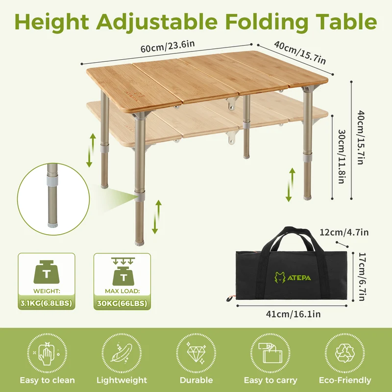 ATEPA BAMBOO 6040 Adjustable Height Bamboo Camping Table, Portable Folding Low Table with Aluminum Legs, 66 lbs Capacity & Carry Bag