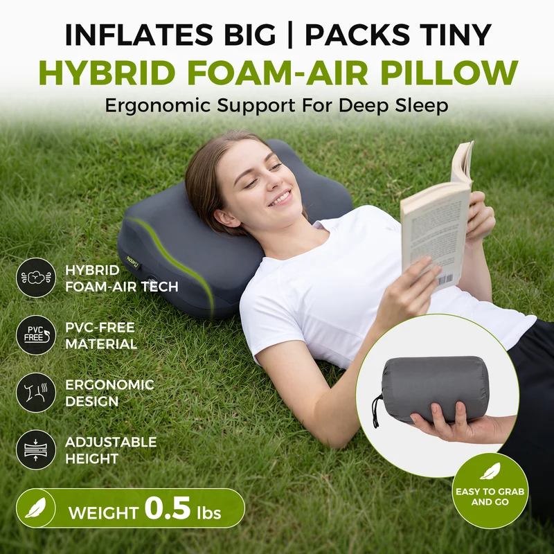 ATEPA Flex 10 Inflatable Camping Pillow, Hybrid Foam-Air Backpacking Pillow with Adjustable Height, Ergonomic Neck Support & Washable Cover