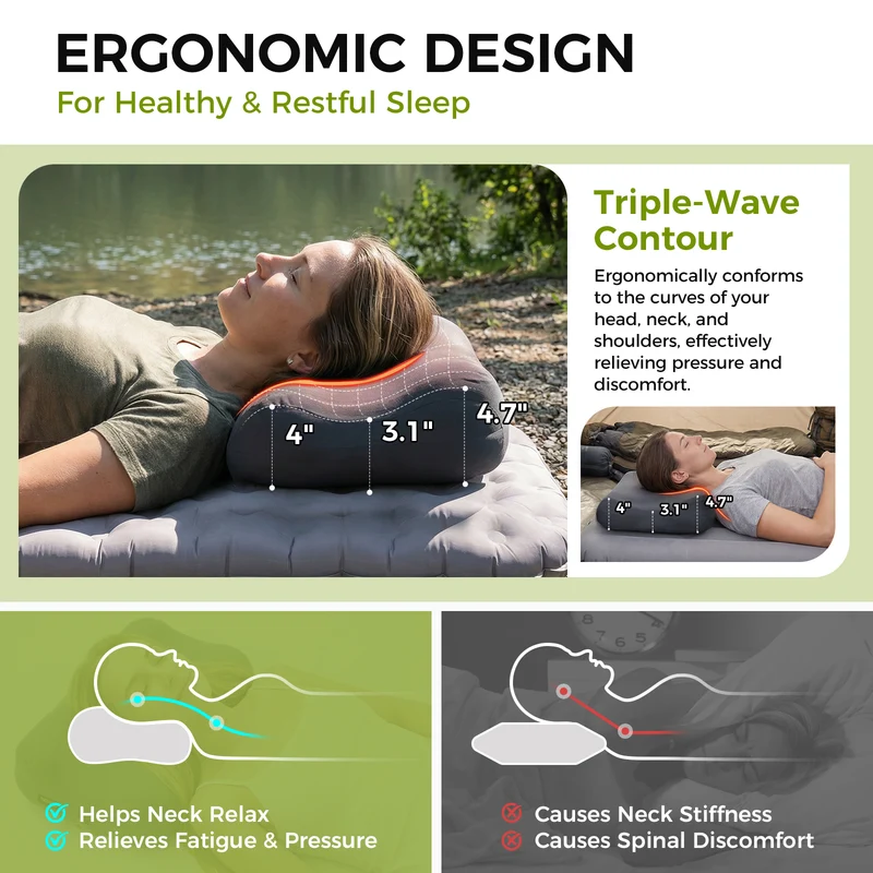 ATEPA Flex 10 Inflatable Camping Pillow, Hybrid Foam-Air Backpacking Pillow with Adjustable Height, Ergonomic Neck Support & Washable Cover