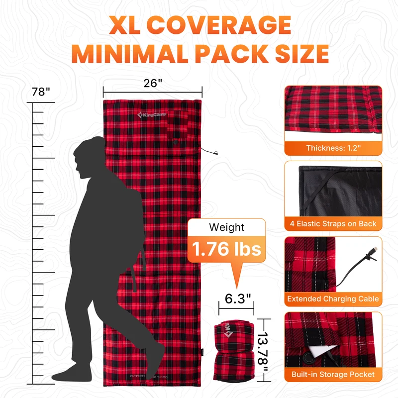 KingCamp CAMPCOZY Heated Camping Pad, 78" x 26" USB Powered Heated Sleeping Mat with 3 Heating Panels, Cotton Flannel Top for Cot, Sleeping Bag