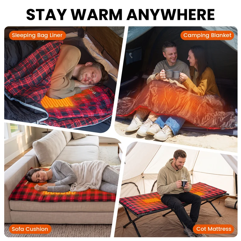 KingCamp CAMPCOZY Heated Camping Pad, 78" x 26" USB Powered Heated Sleeping Mat with 3 Heating Panels, Cotton Flannel Top for Cot, Sleeping Bag